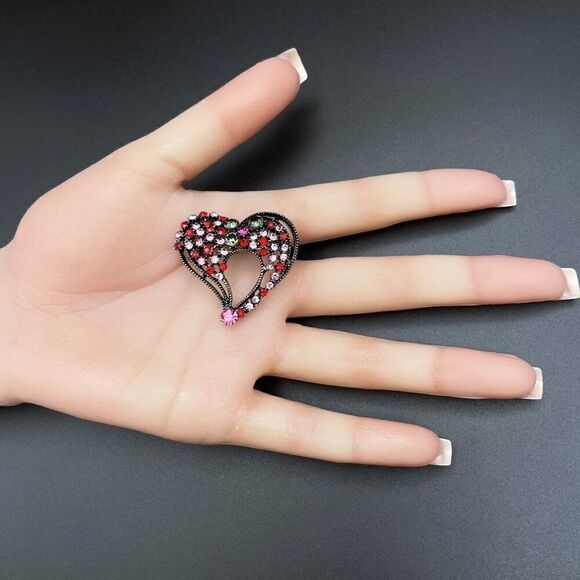 Gunmetal Gray with Ruby Pink Sapphire and Olivine Crystal Heart Pin Back Brooch - Picture 8 of 8